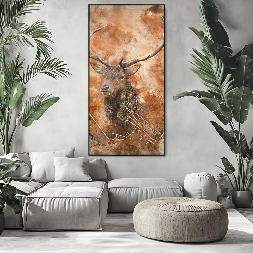 Tablou canvas cu tablou canvas cu cerb in padure, in rama de aluminiu negru, pe perete intr-un living